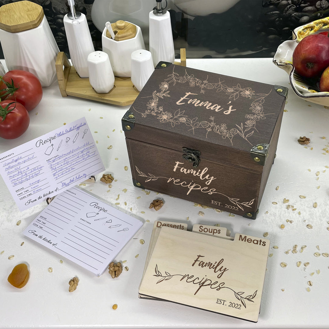 Personalized Recipe Box with Dividers and Cards Recipec engraving photo