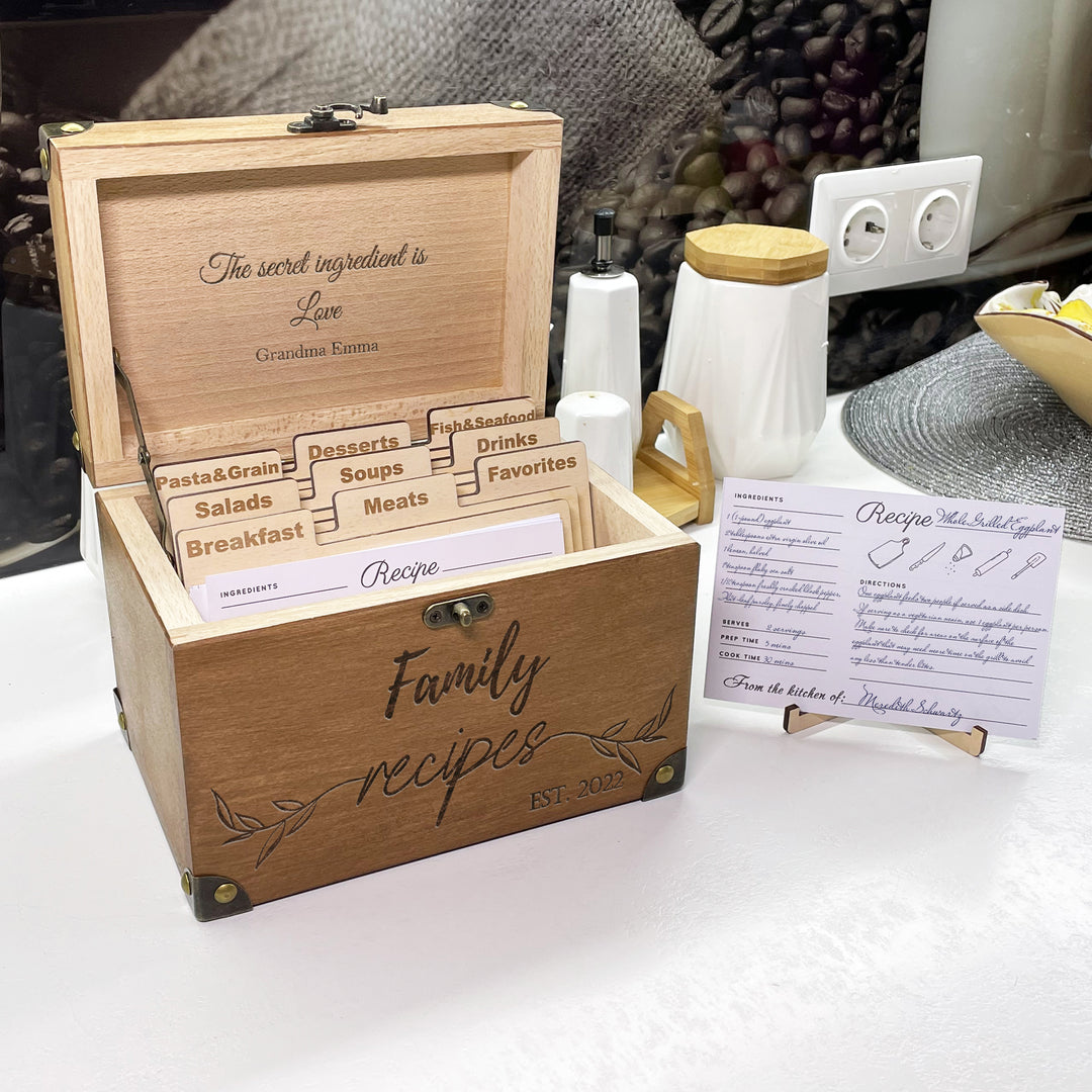 Personalized Recipe Box with Dividers and Cards Recipec engraving photo №2