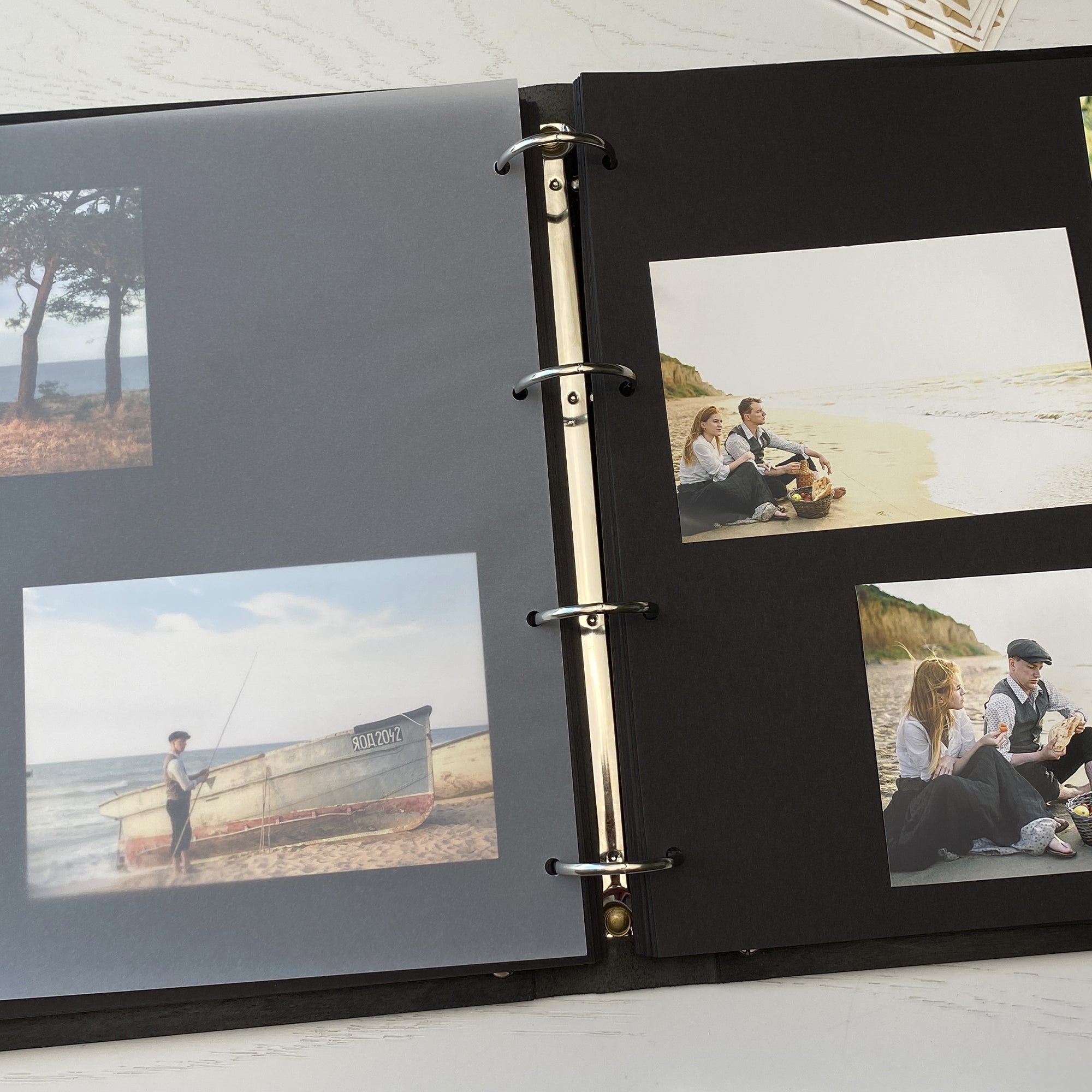 Personalized photo album with leather cover and Peonies Flowers engraving