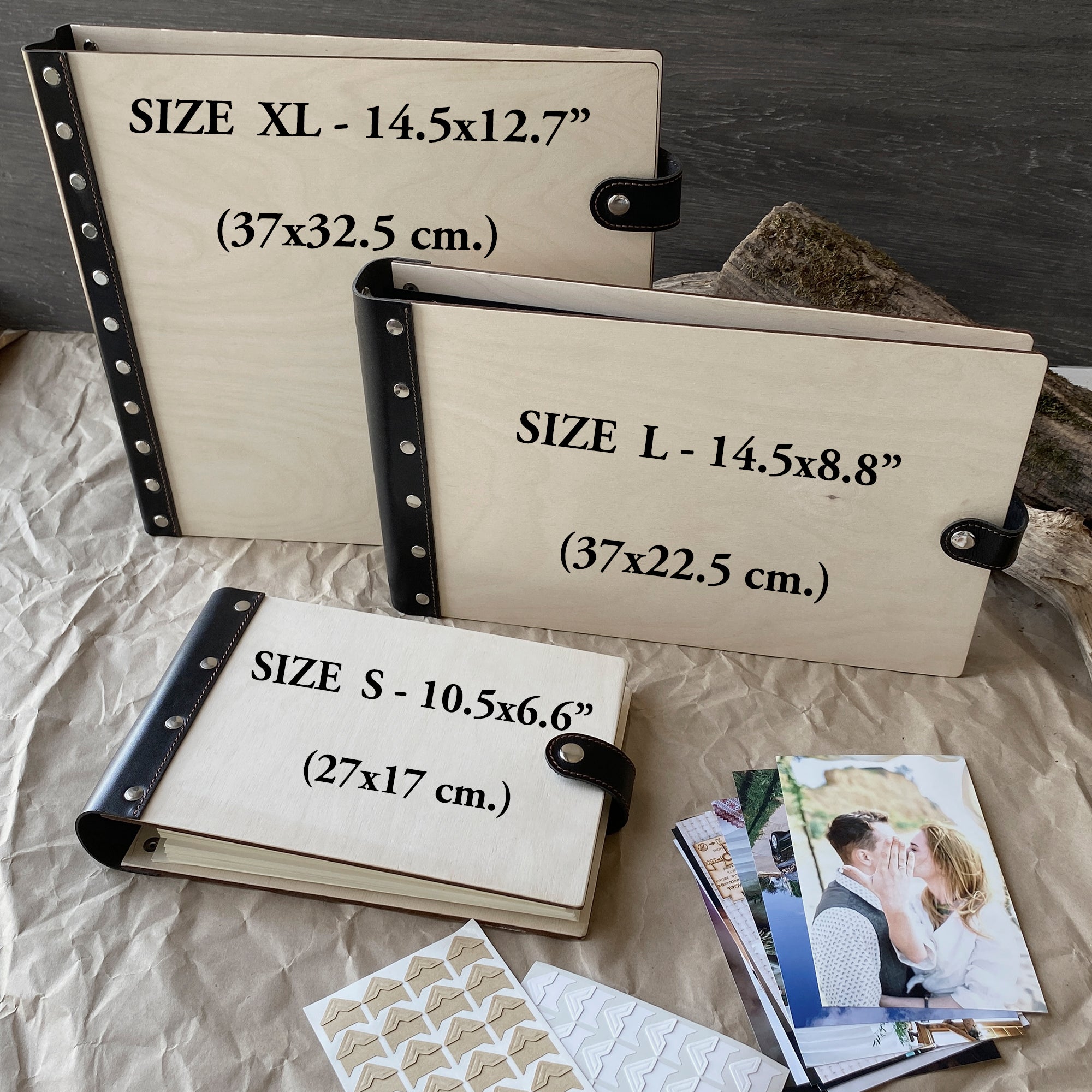 Personalized photo album with leather cover and World Map engraving