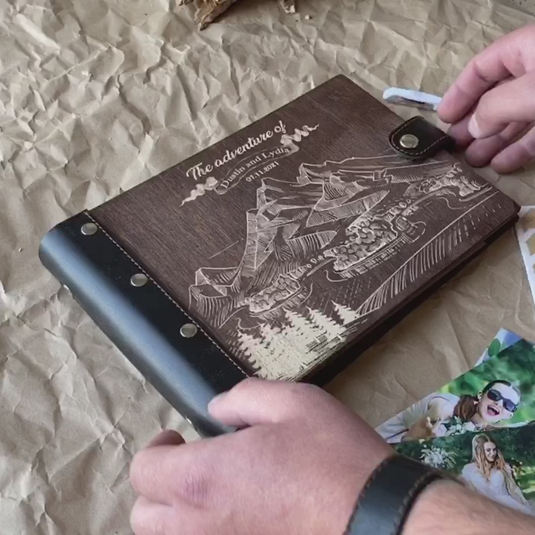 Personalized photo album with leather cover and Map-Mountains engraving photo №7