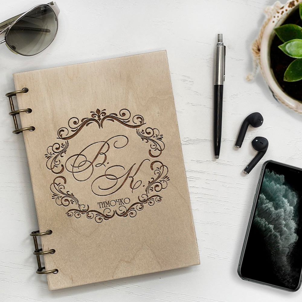 Personalized Wood Notebook engraved Inicial