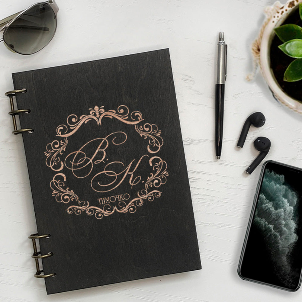 Personalized Wood Notebook engraved Inicial photo