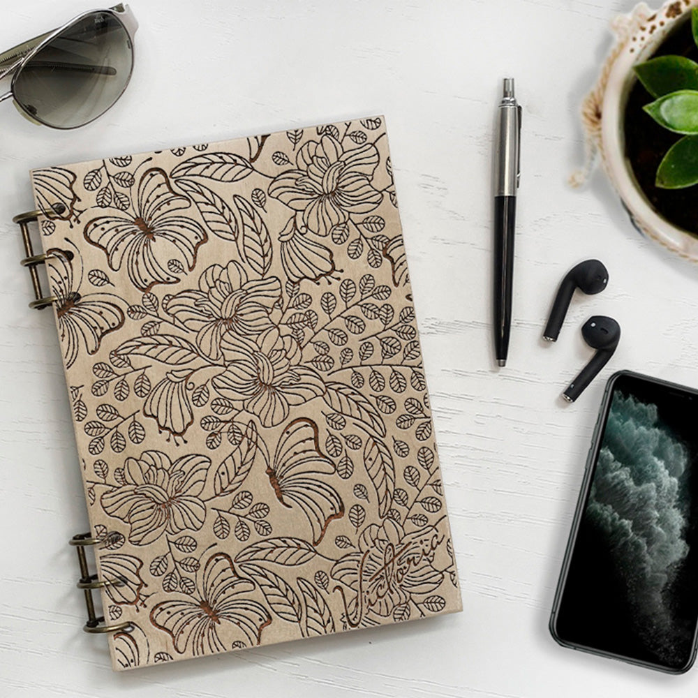 Personalized Wood Notebook engraved Flowers