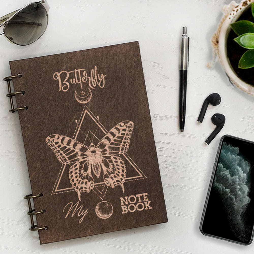 Personalized Wood Notebook engraved Buterfly photo №3