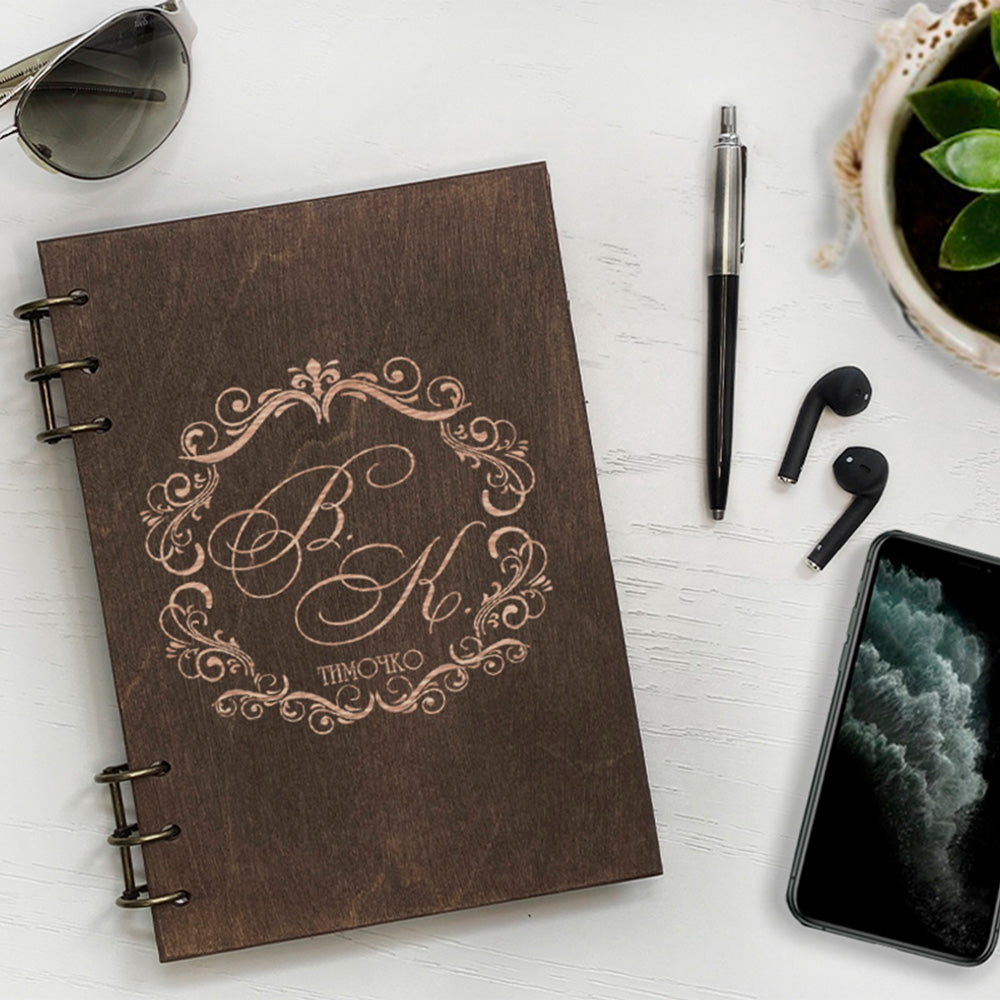 Personalized Wood Notebook engraved Inicial