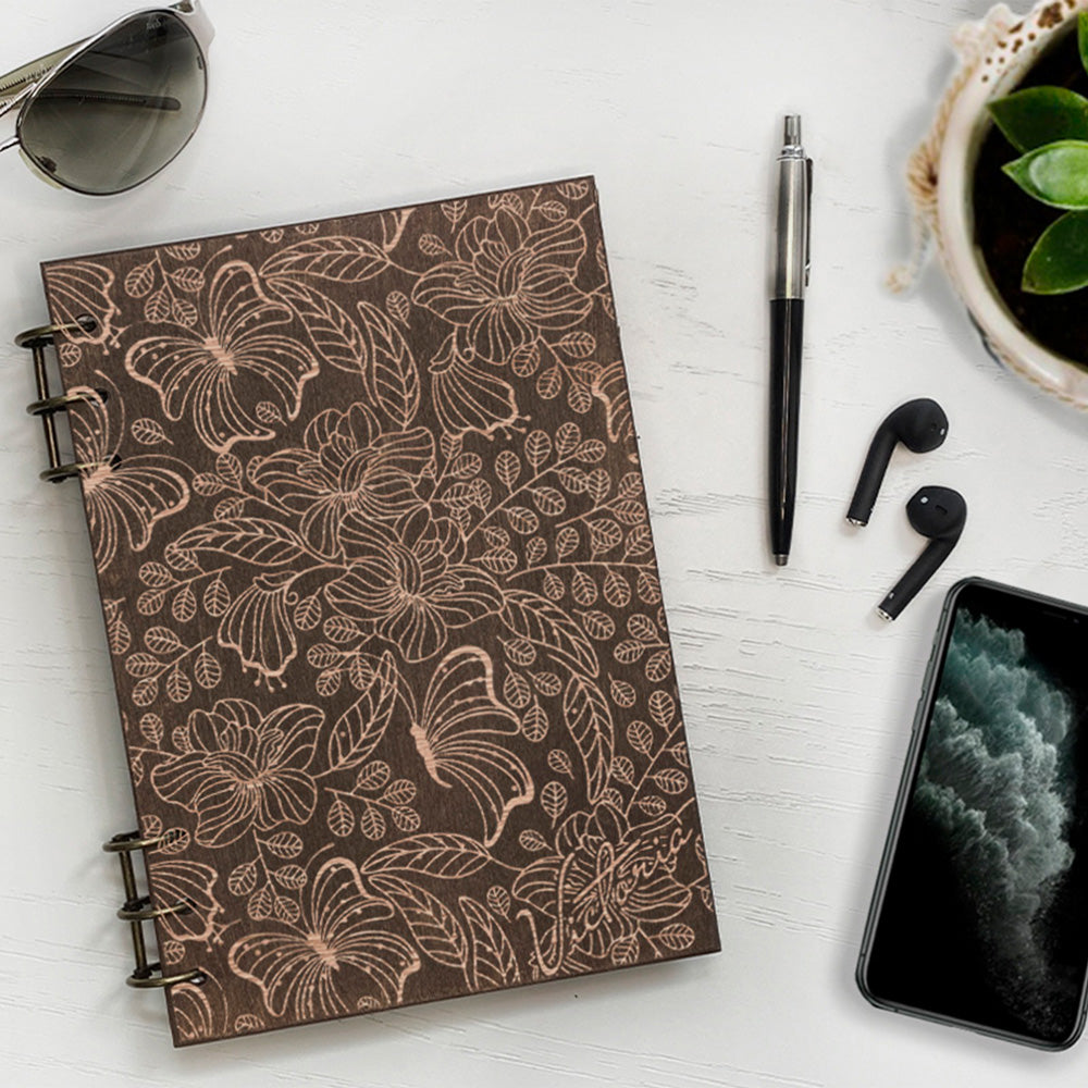 Personalized Wood Notebook engraved Flowers photo