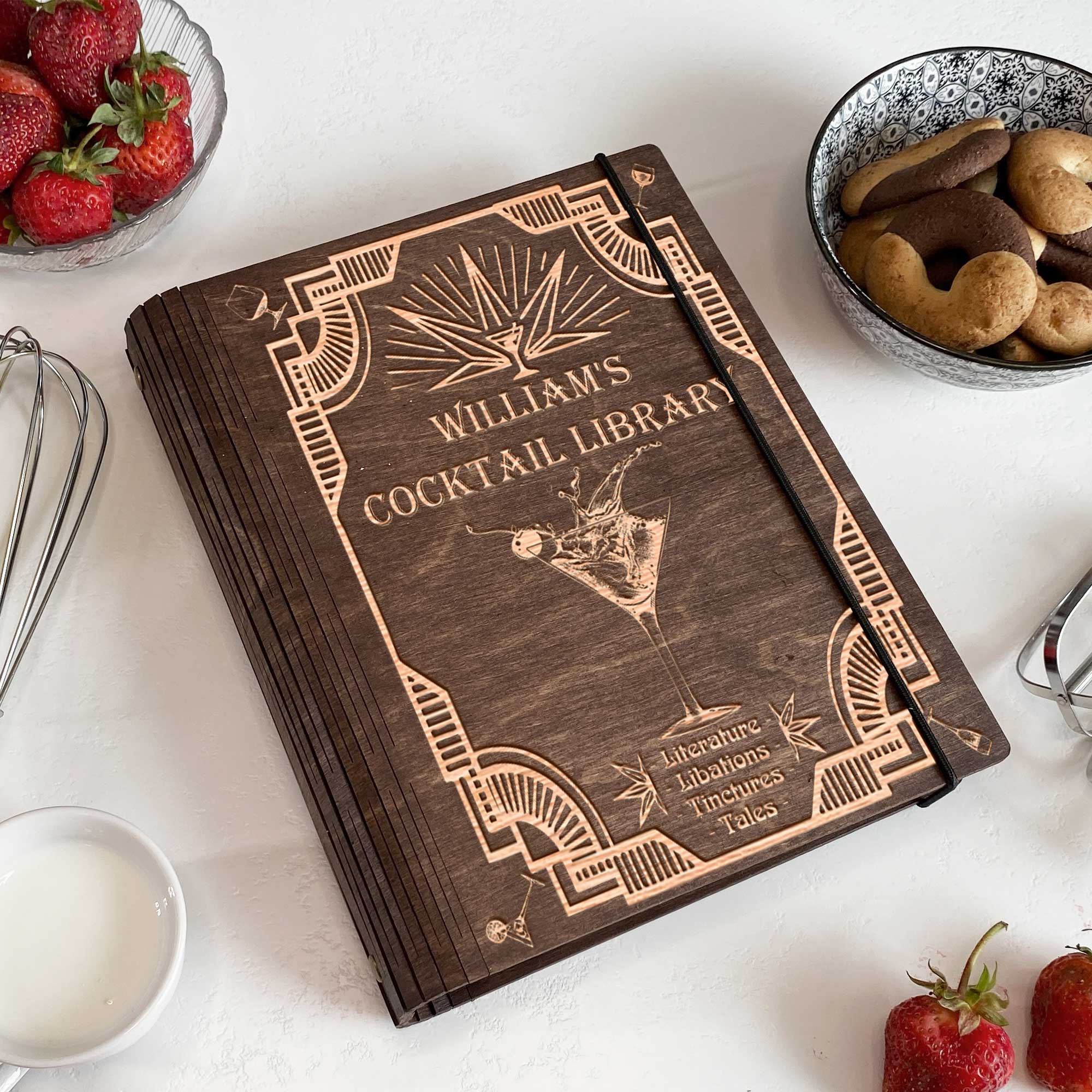 Wooden Cocktails Library Book Free custom engraving
