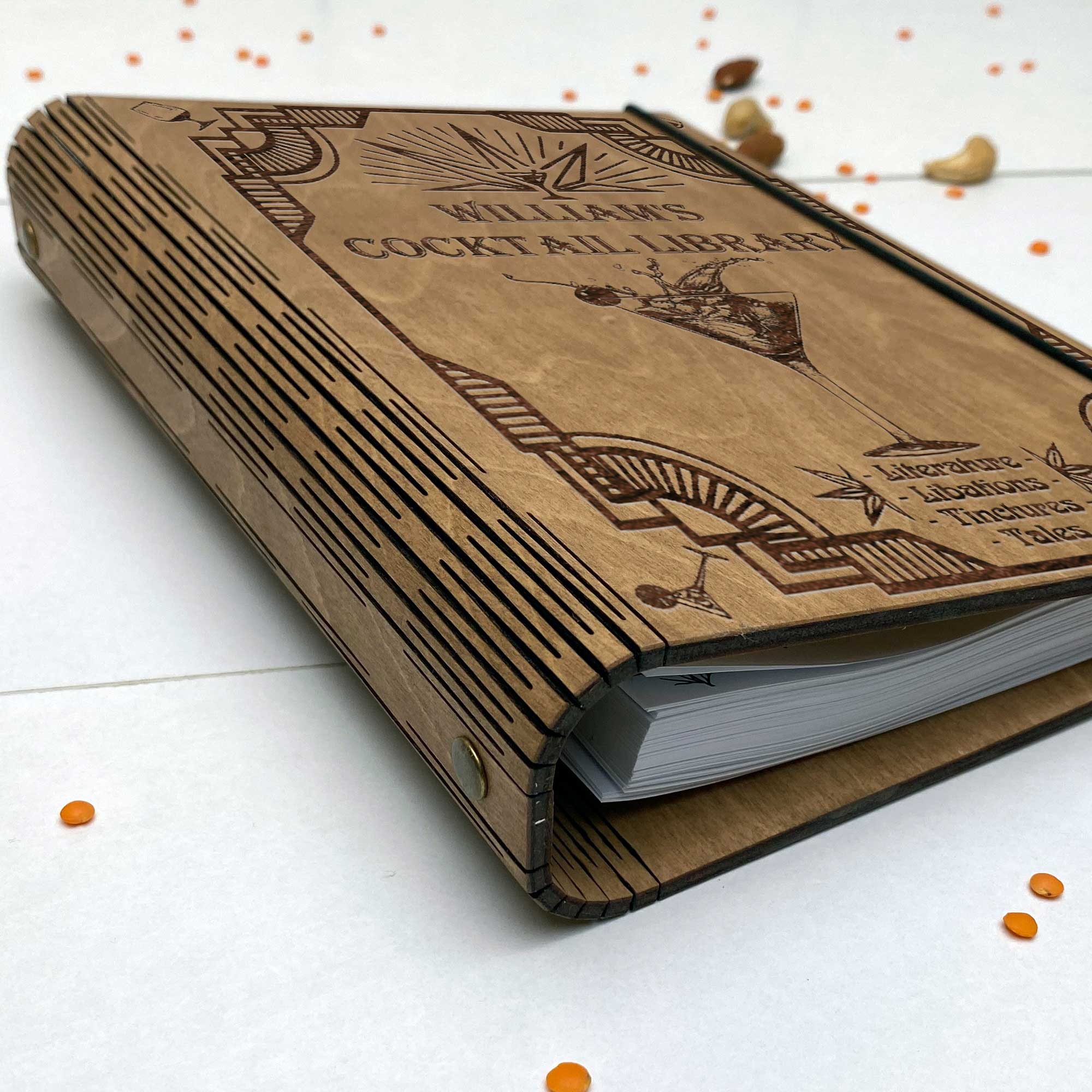 Wooden Cocktails Library Book Free custom engraving